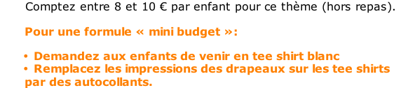 Comptez entre 8 et 10 € par enfant pour ce thème (hors repas).         Pour une formule « mini budget »:  Demandez aux enfants de venir en tee shirt blanc Remplacez les impressions des drapeaux sur les tee shirts        par des autocollants.