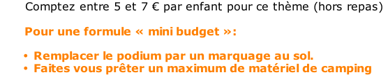 Comptez entre 5 et 7 € par enfant pour ce thème (hors repas)         Pour une formule « mini budget »:  Remplacer le podium par un marquage au sol. Faites vous prêter un maximum de matériel de camping